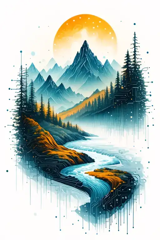 Microchip Circuit Infused In Mountains River