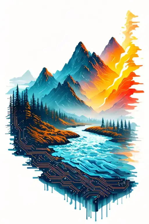 Microchip Circuit Infused In Mountains River