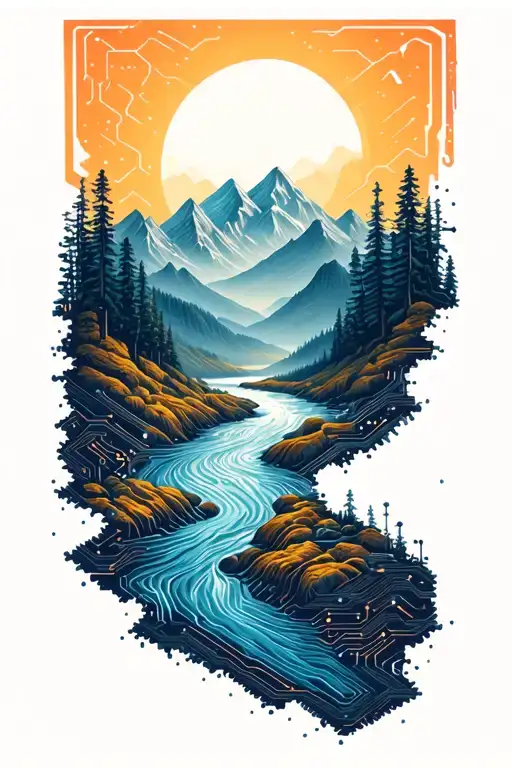Microchip Circuit Infused In Mountains River Flowing