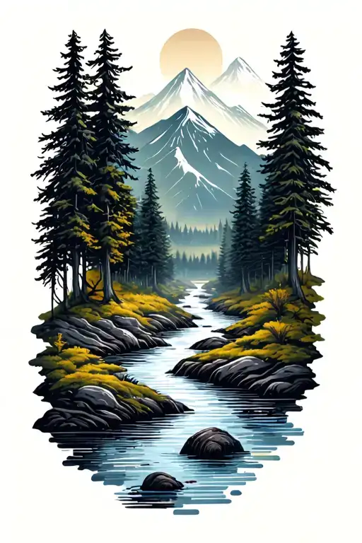 Microchip Circuit Infused With Forest With River Flowing And Mountain In Background