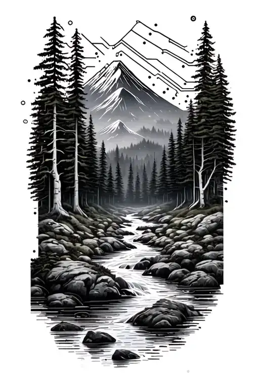 Microchip Circuit Infused With Forest With River Flowing And Mountain In Background