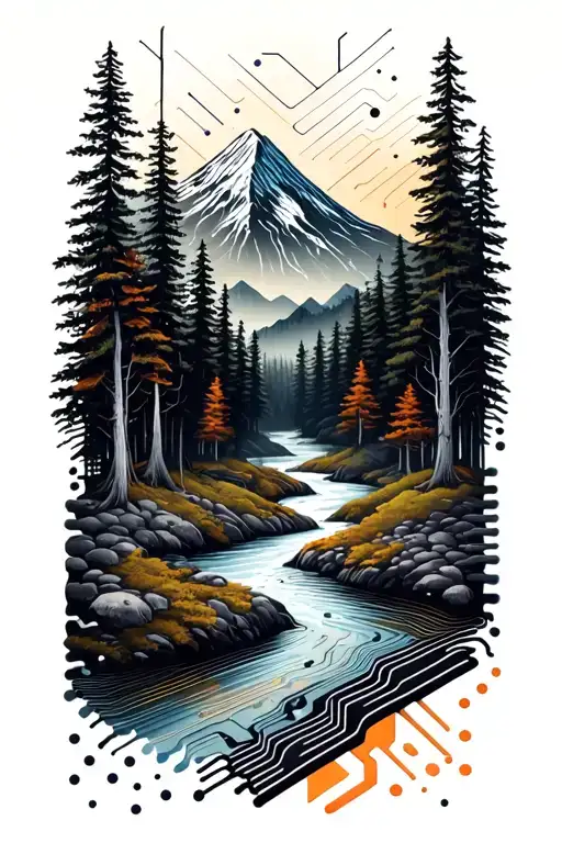 Microchip Circuit Infused With Forest With River Flowing And Mountain In Background