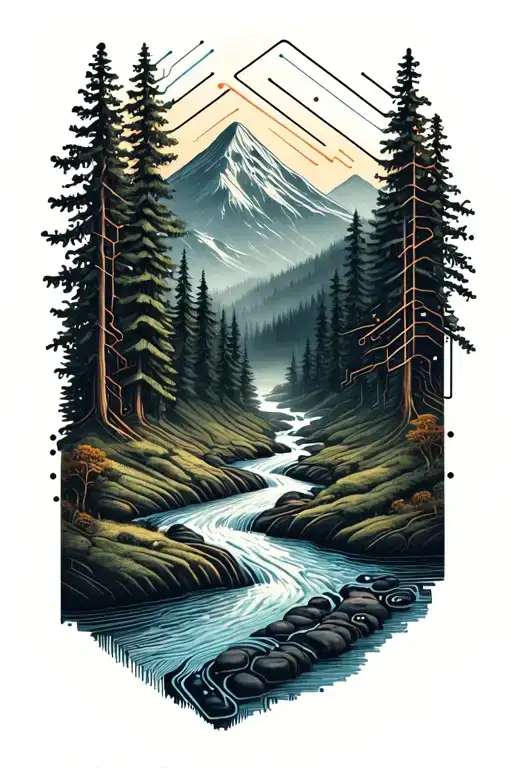 Microchip Circuit Infused With Forest With River Flowing And Mountain In Background