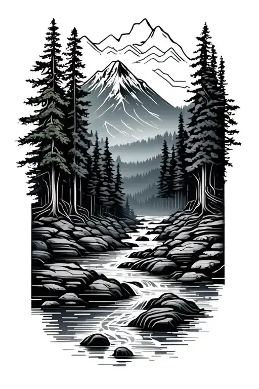 Microchip Circuit Infused With Forest With River Flowing And Mountain In Background