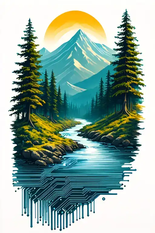 Microchip Circuit Infused With Forest With River Flowing And Mountain In Background