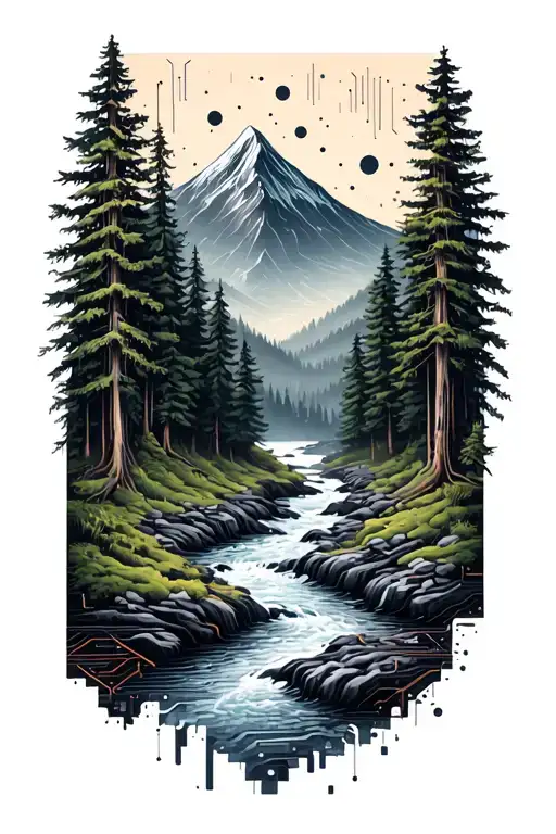 Microchip Circuit Infused With Forest With River Flowing And Mountain In Background