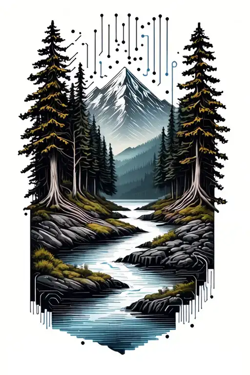 Microchip Circuit Infused With Forest With River Flowing And Mountain In Background