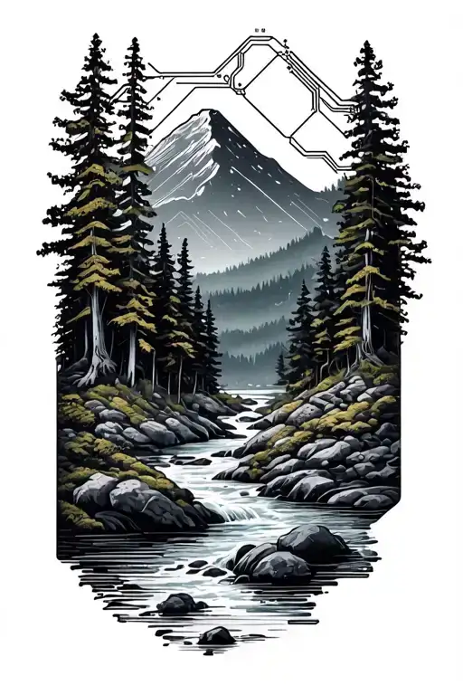 Microchip Circuit Infused With Forest With River Flowing And Mountain In Background