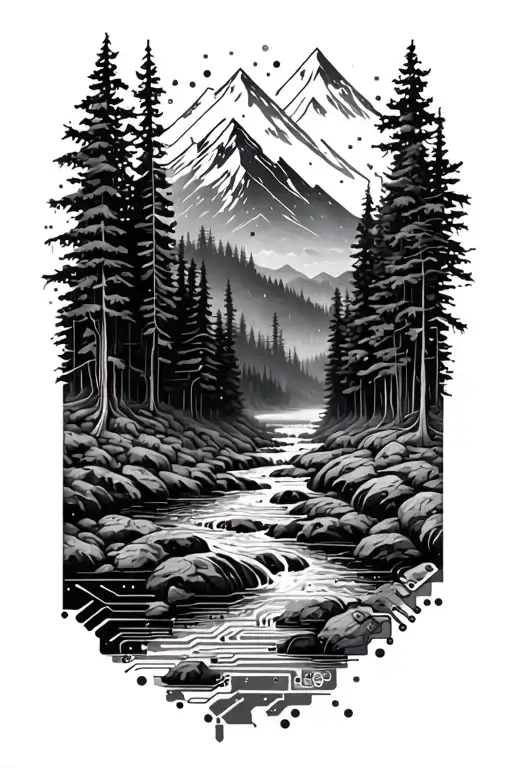 Microchip Circuit Infused With Forest With River Flowing And Mountain In Background