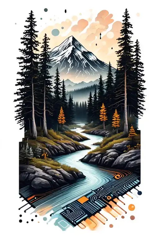 Microchip Circuit Infused With Forest With River Flowing And Mountain In Background