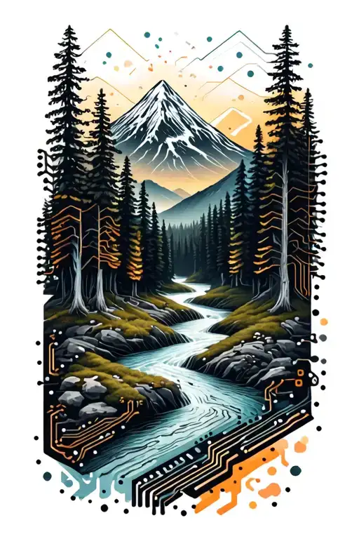 Microchip Circuit Infused With Forest With River Flowing And Mountain In Background