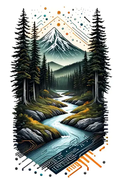 Microchip Circuit Infused With Forest With River Flowing And Mountain In Background