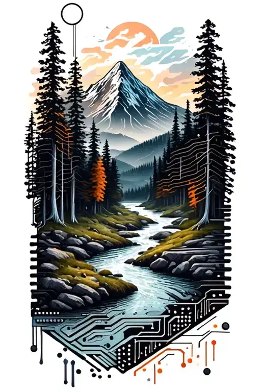 Microchip Circuit Infused With Forest With River Flowing And Mountain In Background