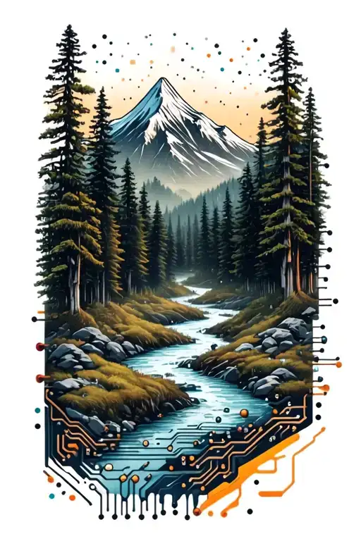 Microchip Circuit Infused With Forest With River Flowing And Mountain In Background