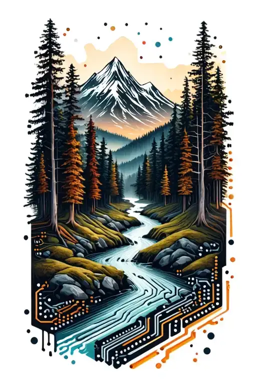 Microchip Circuit Infused With Forest With River Flowing And Mountain In Background