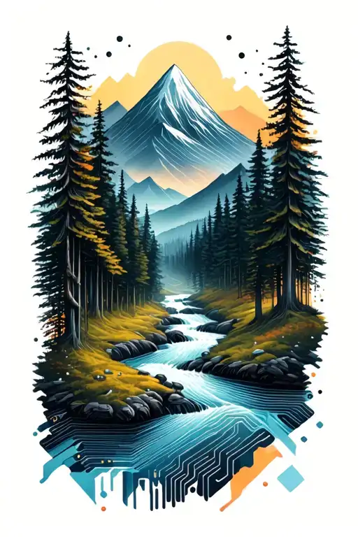 Microchip Circuit Infused With Forest With River Flowing And Mountain In Background