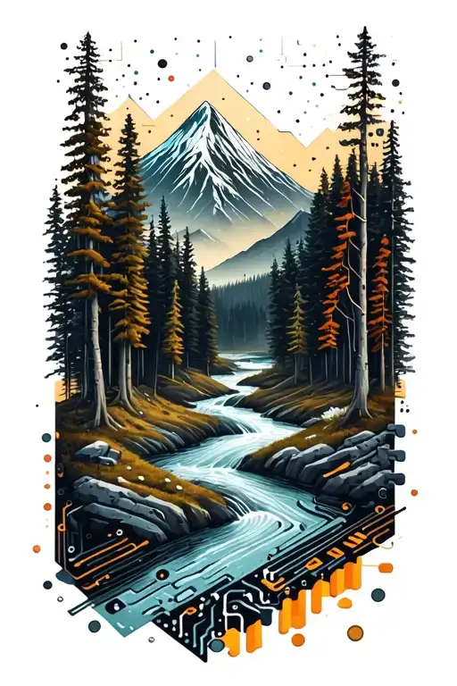 Microchip Circuit Infused With Forest With River Flowing And Mountain In Background