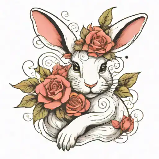 Abstract Design Of A Sitting White Rabbit With Roses