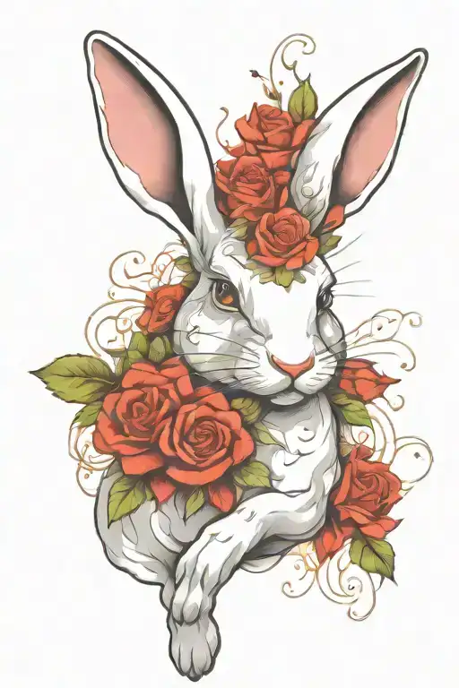 Abstract Design Of A Running White Rabbit With Roses