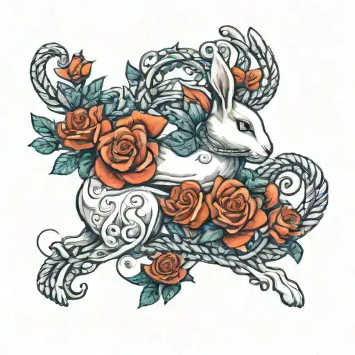Running White Rabbit With Roses And Rope Intertwined