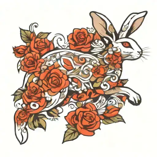 Abstract Design Of A Running White Rabbit With Roses