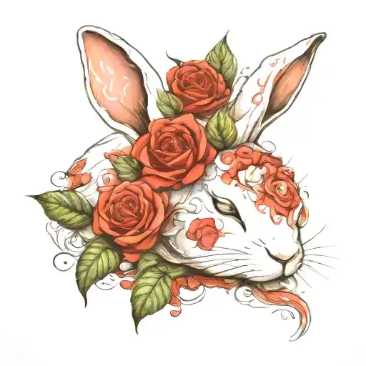 Abstract Design Of A Sleeping White Rabbit With Roses