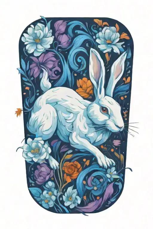 White Rabbit Running Surrounded By Flowers