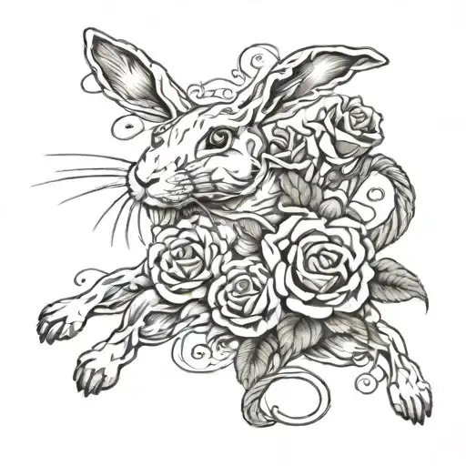 Running White Rabbit With Roses And Rope Intertwined