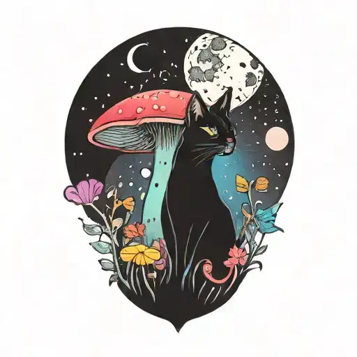 Colorful Mushroom With Black Cat And Moon