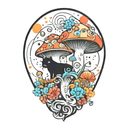 Colorful Mushroom With Black Cat