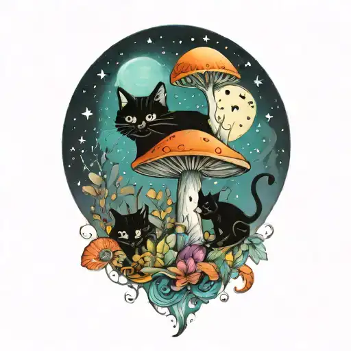 Colorful Mushroom With Black Cat And Moon