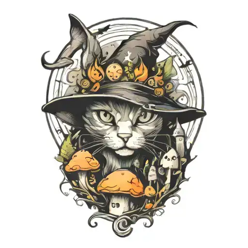 Witch Cat And Moon And Mushrooms
