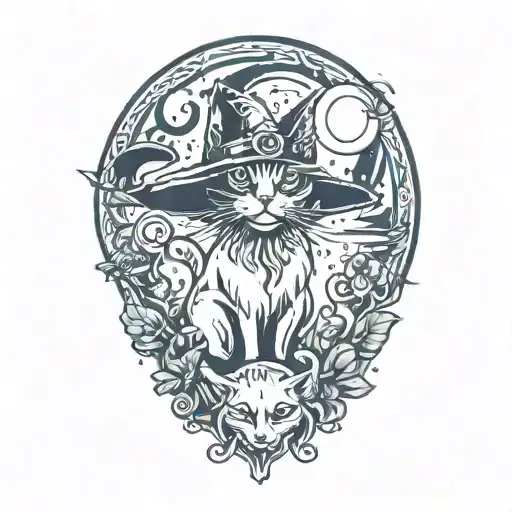 Witch Cat And Moon And Mushrooms