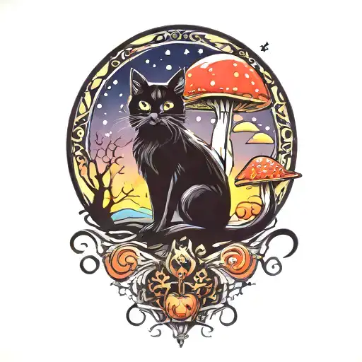 Black Cat And Magic Mushroom With Moon