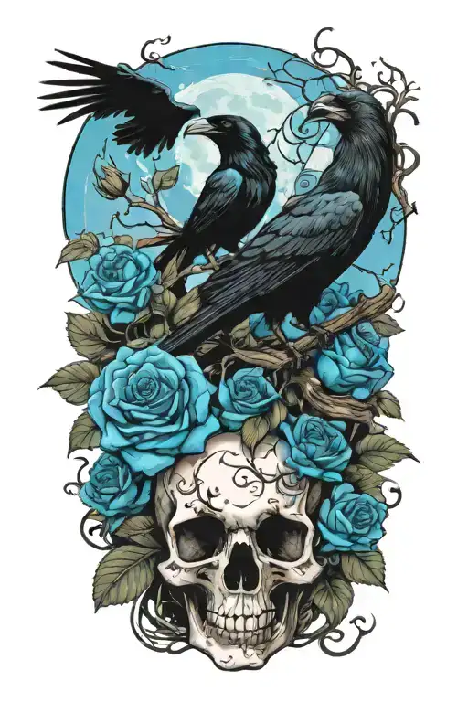 Moon And Raven Perched On A Skull With Blue Roses