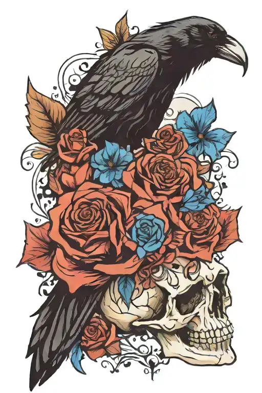 Raven Wearing Crown With Blue Rose And Skull