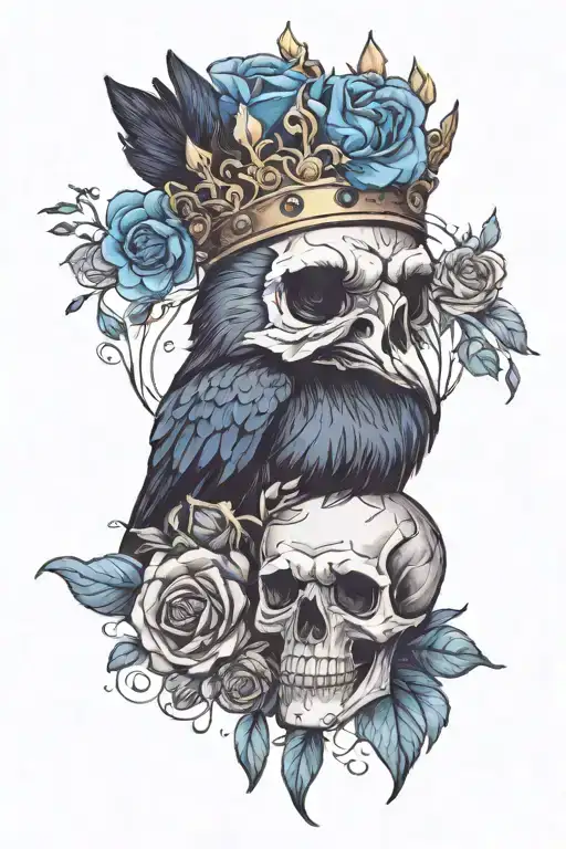 Raven Wearing Crown With Blue Rose And Skull
