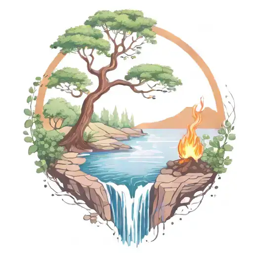 A Rowan Berry Tree And A Campfire Beside A River Waterfalling Down The Front