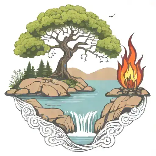 A Rowan Berry Tree And A Campfire Beside A River Waterfalling Down The Front