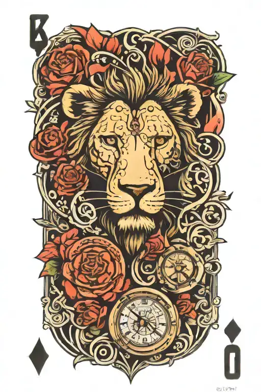 Lion Ouroboros Roses And Clocks Playing Card King Of Hearts