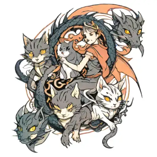 Dragon And 3 Cats
