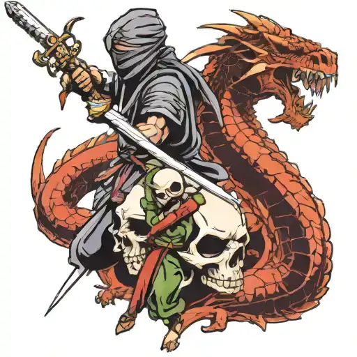 Ninja And Sword Next To The Dragon And Next To The Skull