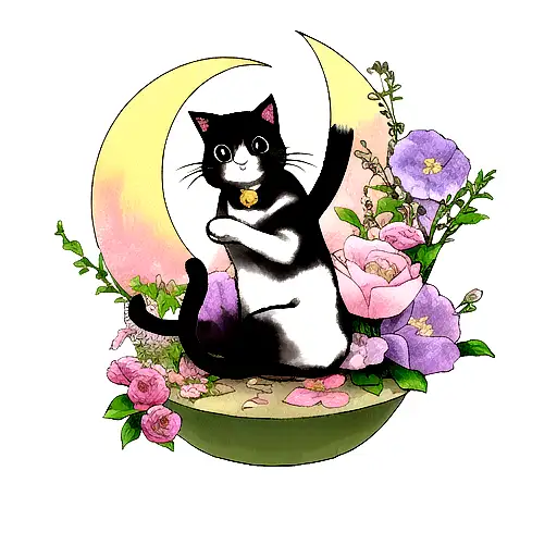 Cat With Moon And Flowers