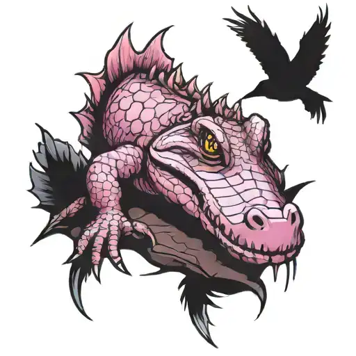 Pink Alligator With A Bird Perched