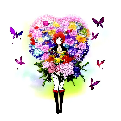A Beautiful Butterfly Surrounded By Vibrant Flowers From Different Anime Series