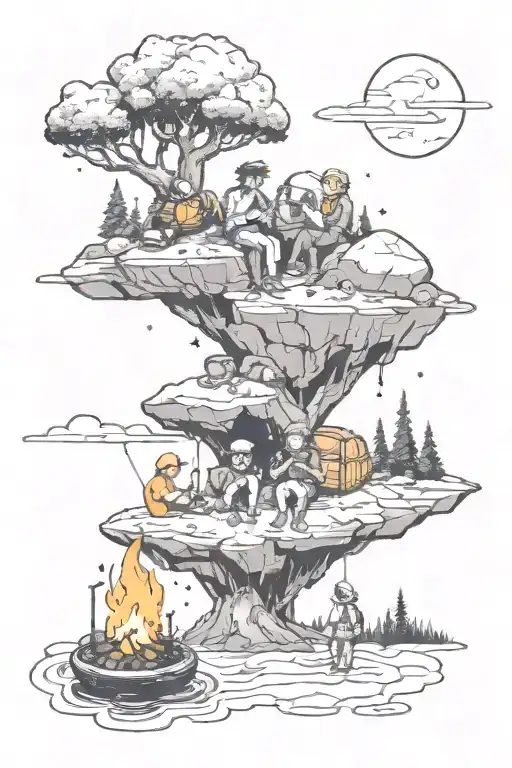 Small Floating Rock In Space With Two Guys Around A Campfire