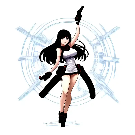 A Full Body Picture Of A Slim Sexy Asian Girl With On Arm Raised Pointing A Hand Gun