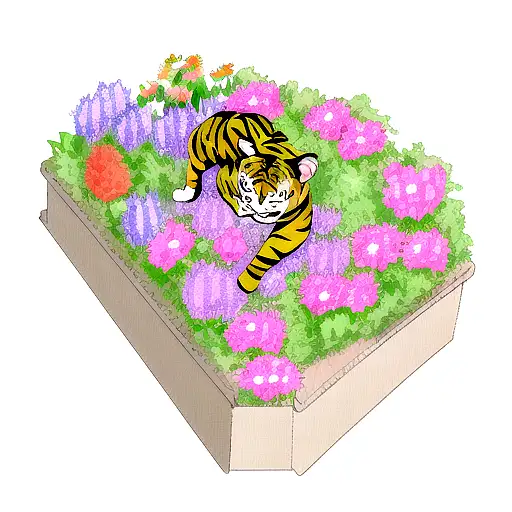 A Tiger Emerging From A Bed Of Flowers