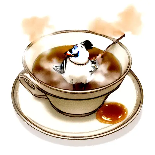 A Cartoon Goose Sitting In A Hot Tea Cup With Steam And Honey On A Spoon