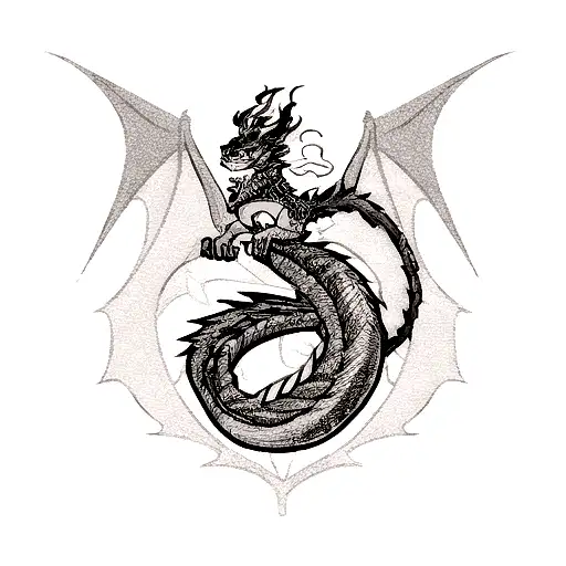 A Blackwork Tattoo Of A Dragon And A Car Engine Intertwined